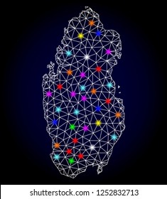 Glossy polygonal mesh map of Qatar with glare effect. Vector carcass map of Qatar with glowing colorful dots for New Year posters. White mesh lines. Dark blue background. Constellation effect.