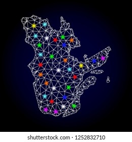 Glossy polygonal mesh map of Quebec Province with glow effect. Vector carcass map of Quebec Province with glowing multi colored points for Christmas purposes. White mesh lines. Dark blue background.