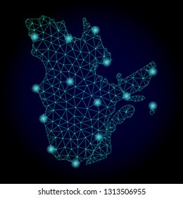 Glossy polygonal mesh map of Quebec Province. Abstract mesh lines, triangles, light spots and points on dark background with map of Quebec Province.