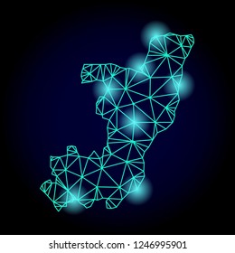 Glossy polygonal mesh map of Republic of the Congo with glare effect. Abstract mesh lines, triangles, light spots and points on dark background with map of Republic of the Congo.