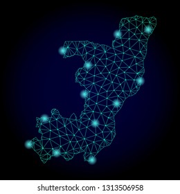 Glossy polygonal mesh map of Republic of the Congo. Abstract mesh lines, triangles, light spots and points on dark background with map of Republic of the Congo.