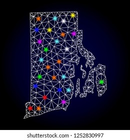 Glossy polygonal mesh map of Rhode Island State with glare effect. Vector carcass map of Rhode Island State with glowing multi colored dots for Christmas posters. White mesh lines.