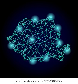 Glossy polygonal mesh map of Romania with glare effect. Abstract mesh lines, triangles, light spots and points on dark background with map of Romania.