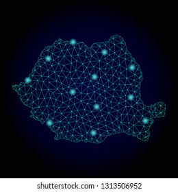 Glossy polygonal mesh map of Romania. Abstract mesh lines, triangles, light spots and points on dark background with map of Romania.