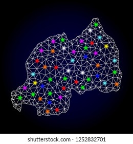 Glossy polygonal mesh map of Rwanda with glow effect. Vector carcass map of Rwanda with glowing multi colored dots for New Year templates. White mesh lines. Dark blue background. Constellation effect.
