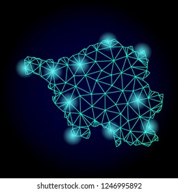 Glossy polygonal mesh map of Saarland State with glow effect. Abstract mesh lines, triangles, light spots and points on dark background with map of Saarland State.