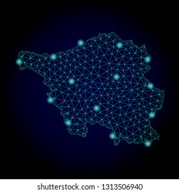 Glossy polygonal mesh map of Saarland State. Abstract mesh lines, triangles, light spots and points on dark background with map of Saarland State.