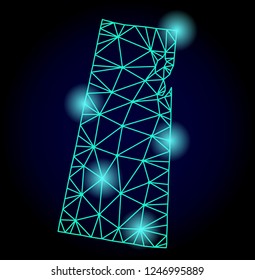 Glossy polygonal mesh map of Saskatchewan Province with glow effect. Abstract mesh lines, triangles, light spots and points on dark background with map of Saskatchewan Province.