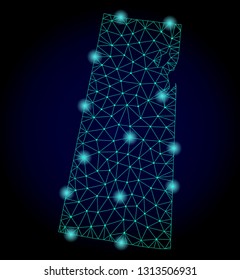 Glossy polygonal mesh map of Saskatchewan Province. Abstract mesh lines, triangles, light spots and points on dark background with map of Saskatchewan Province.