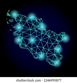 Glossy polygonal mesh map of Schleswig-Holstein State with glare effect. Abstract mesh lines, triangles, light spots and points on dark background with map of Schleswig-Holstein State.