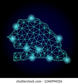 Glossy polygonal mesh map of Senegal with glow effect. Abstract mesh lines, triangles, light spots and points on dark background with map of Senegal.