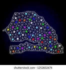 Glossy polygonal mesh map of Senegal with glow effect. Vector carcass map of Senegal with glowing multi colored points for New Year purposes. White mesh lines. Dark blue background.