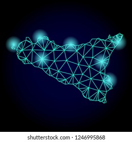 Glossy polygonal mesh map of Sicilia Island with glow effect. Abstract mesh lines, triangles, light spots and points on dark background with map of Sicilia Island.