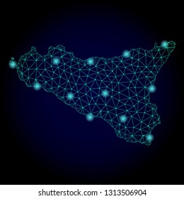 Glossy polygonal mesh map of Sicilia Island. Abstract mesh lines, triangles, light spots and points on dark background with map of Sicilia Island.