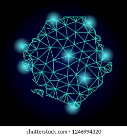 Glossy polygonal mesh map of Sierra Leone with glow effect. Abstract mesh lines, triangles, light spots and points on dark background with map of Sierra Leone.