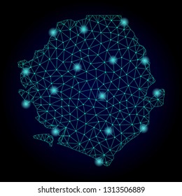 Glossy polygonal mesh map of Sierra Leone. Abstract mesh lines, triangles, light spots and points on dark background with map of Sierra Leone.