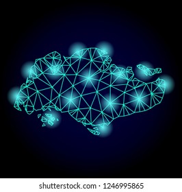 Glossy polygonal mesh map of Singapore with glow effect. Abstract mesh lines, triangles, light spots and points on dark background with map of Singapore.
