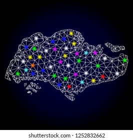 Glossy polygonal mesh map of Singapore with glare effect. Vector carcass map of Singapore with glowing multi colored spheres for Christmas purposes. White mesh lines. Dark blue background.