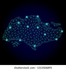 Glossy polygonal mesh map of Singapore. Abstract mesh lines, triangles, light spots and points on dark background with map of Singapore.