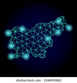 Glossy polygonal mesh map of Slovenia with glare effect. Abstract mesh lines, triangles, light spots and points on dark background with map of Slovenia.