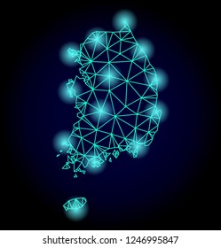 Glossy polygonal mesh map of South Korea with glow effect. Abstract mesh lines, triangles, light spots and points on dark background with map of South Korea.