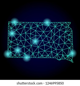 Glossy polygonal mesh map of South Dakota State with glow effect. Abstract mesh lines, triangles, light spots and points on dark background with map of South Dakota State.