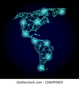 Glossy polygonal mesh map of South and North America with glow effect. Abstract mesh lines, triangles, light spots and points on dark background with map of South and North America.