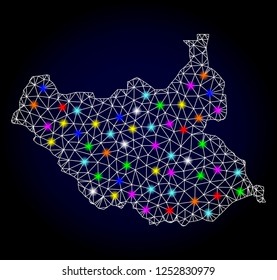 Glossy polygonal mesh map of South Sudan with glare effect. Vector carcass map of South Sudan with glowing multicolored dots for Christmas posters. White mesh lines. Dark blue background.