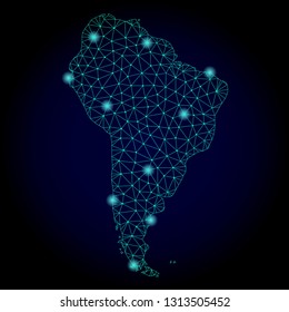 Glossy polygonal mesh map of South America. Abstract mesh lines, triangles, light spots and points on dark background with map of South America.