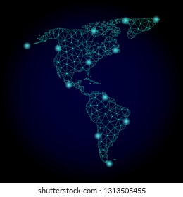 Glossy polygonal mesh map of South and North America. Abstract mesh lines, triangles, light spots and points on dark background with map of South and North America.