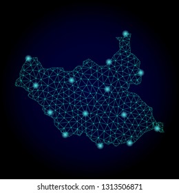 Glossy polygonal mesh map of South Sudan. Abstract mesh lines, triangles, light spots and points on dark background with map of South Sudan.