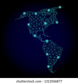 Glossy polygonal mesh map of South and North America. Abstract mesh lines, triangles, light spots and points on dark background with map of South and North America.