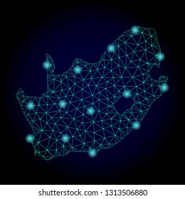 Glossy polygonal mesh map of South African Republic. Abstract mesh lines, triangles, light spots and points on dark background with map of South African Republic.