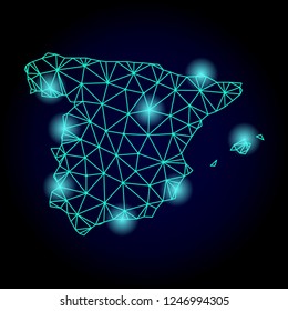 Glossy polygonal mesh map of Spain with glow effect. Abstract mesh lines, triangles, light spots and points on dark background with map of Spain.