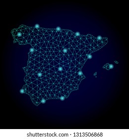 Glossy polygonal mesh map of Spain. Abstract mesh lines, triangles, light spots and points on dark background with map of Spain.