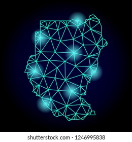 Glossy polygonal mesh map of Sudan with glow effect. Abstract mesh lines, triangles, light spots and points on dark background with map of Sudan.