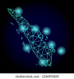 Glossy polygonal mesh map of Sumatra Island with glow effect. Abstract mesh lines, triangles, light spots and points on dark background with map of Sumatra Island.