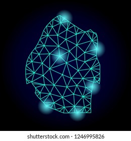 Glossy polygonal mesh map of Swaziland with glare effect. Abstract mesh lines, triangles, light spots and points on dark background with map of Swaziland.