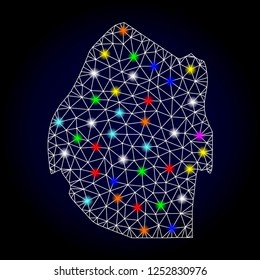 Glossy polygonal mesh map of Swaziland with glare effect. Vector carcass map of Swaziland with glowing multi colored spheres for Christmas illustrations. White mesh lines. Dark blue background.