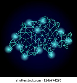 Glossy polygonal mesh map of Switzerland with glow effect. Abstract mesh lines, triangles, light spots and points on dark background with map of Switzerland.