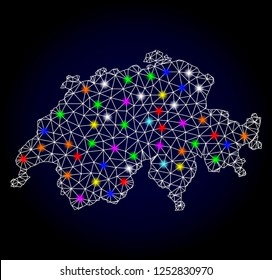 Glossy polygonal mesh map of Switzerland with glare effect. Vector carcass map of Switzerland with glowing colorful points for New Year illustrations. White mesh lines. Dark blue background.