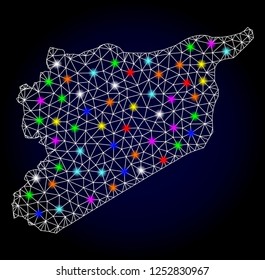 Glossy polygonal mesh map of Syria with glare effect. Vector carcass map of Syria with glowing multi colored spheres for New Year templates. White mesh lines. Dark blue background.