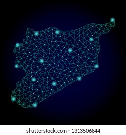 Glossy polygonal mesh map of Syria. Abstract mesh lines, triangles, light spots and points on dark background with map of Syria.
