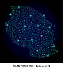 Glossy polygonal mesh map of Tanzania. Abstract mesh lines, triangles, light spots and points on dark background with map of Tanzania.