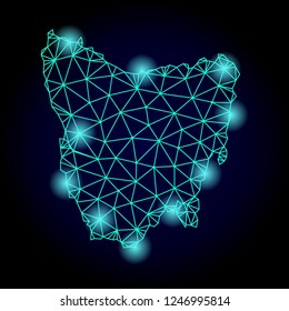 Glossy polygonal mesh map of Tasmania Island with glow effect. Abstract mesh lines, triangles, light spots and points on dark background with map of Tasmania Island.