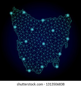 Glossy polygonal mesh map of Tasmania Island. Abstract mesh lines, triangles, light spots and points on dark background with map of Tasmania Island.