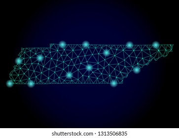 Glossy polygonal mesh map of Tennessee State. Abstract mesh lines, triangles, light spots and points on dark background with map of Tennessee State.