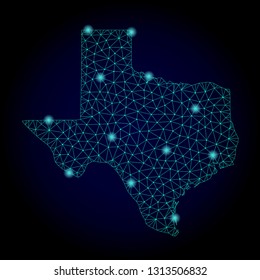 Glossy polygonal mesh map of Texas State. Abstract mesh lines, triangles, light spots and points on dark background with map of Texas State.