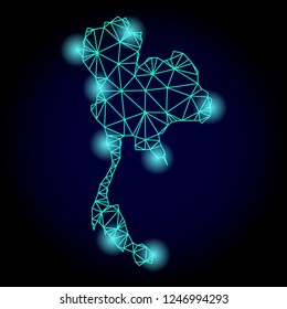 Glossy polygonal mesh map of Thailand with glow effect. Abstract mesh lines, triangles, light spots and points on dark background with map of Thailand.