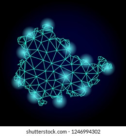 Glossy polygonal mesh map of Thuringia State with glare effect. Abstract mesh lines, triangles, light spots and points on dark background with map of Thuringia State.